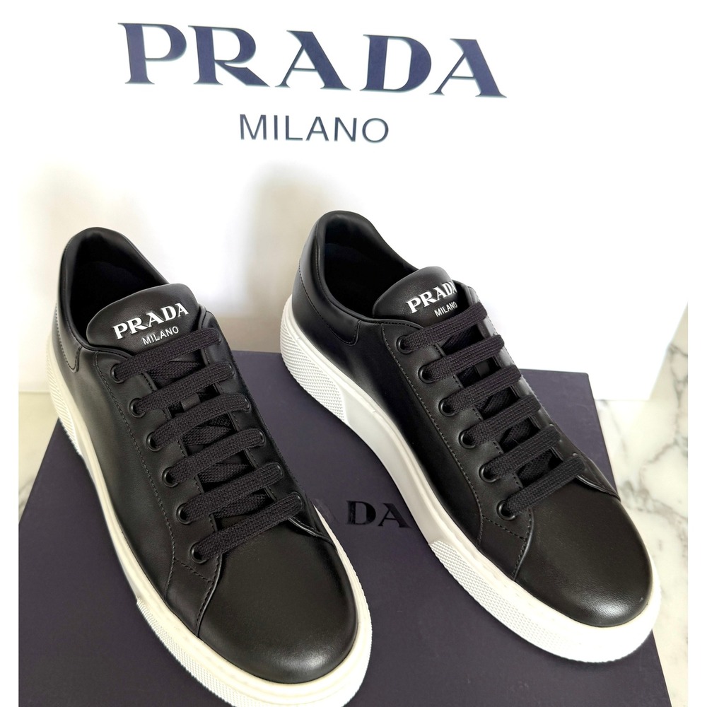 Prada 1E621M Womens Macro‎ Logo Black Leather Low Top Sneakers shoes Eur 40